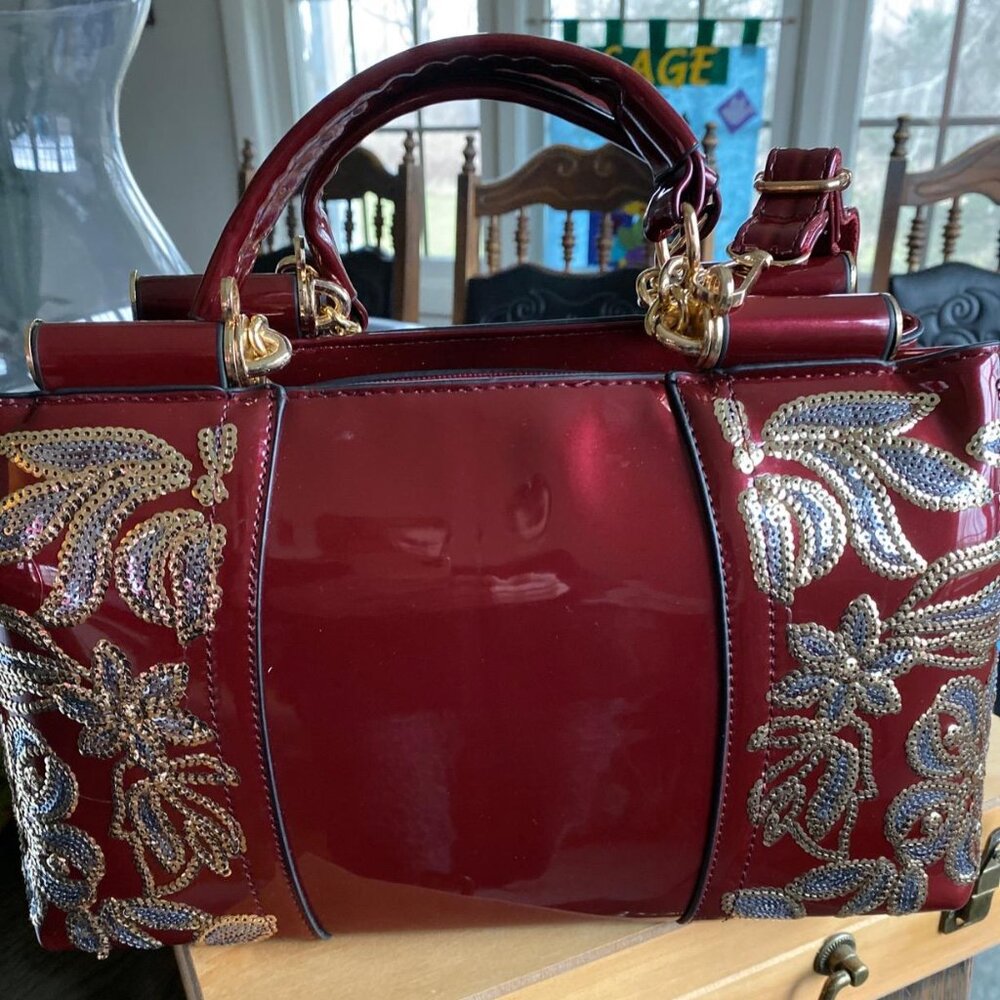 Neiman Marcus Nevenka Embroidered Red Patent Leather Purse